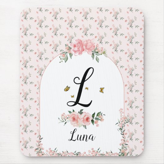 Wasserfarbe Rosa Rosen mit Schmetterlingen Mousepad (Vorne)