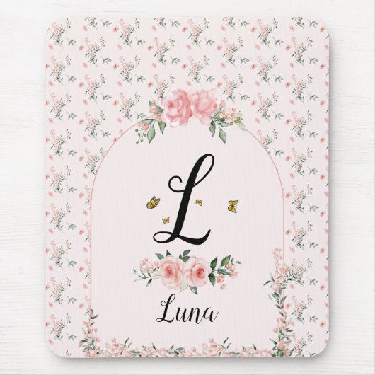 Wasserfarbe Rosa Rosen mit Schmetterlingen Mousepad (Vorne)