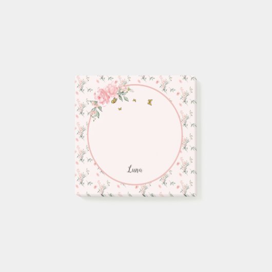 Wasserfarbe Rosa Rosen mit Schmetterlingen Post-it Klebezettel (Vorderseite)