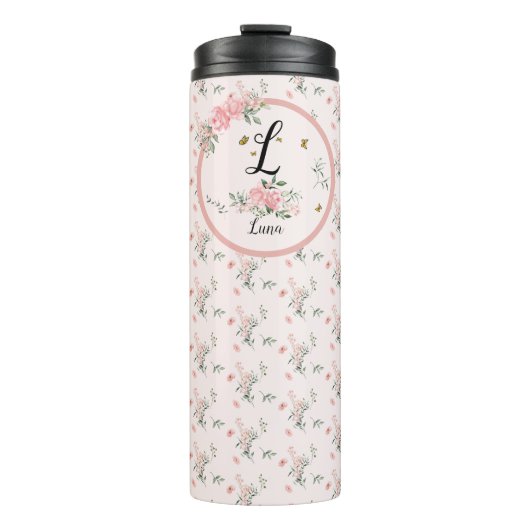 Wasserfarbe Rosa Rosen mit Schmetterlingen Thermosbecher (Vorderseite)