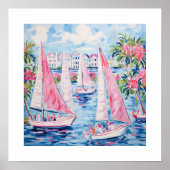 Wasserfarbe Rosa Segelboote Tropische Küste Platz Poster (Vorne)