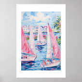 Wasserfarbe Rosa Segelboote Tropische Küste Poster (Vorne)