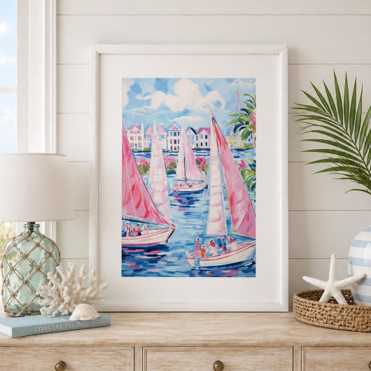 Wasserfarbe Rosa Segelboote Tropische Küste Poster