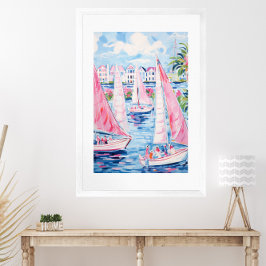 Wasserfarbe Rosa Segelboote Tropische Küste Poster