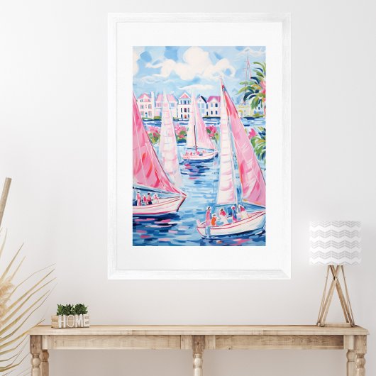 Wasserfarbe Rosa Segelboote Tropische Küste Poster