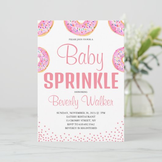 Wasserfarbe Rosa Sprinkle Donuts Kinderdusche Einladung (Stehend Vorderseite)