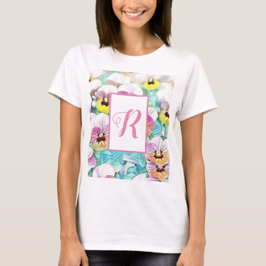 Wasserfarbe rosa Stiefmütterchen, anpassbar, monog T-Shirt (Vorderseite)