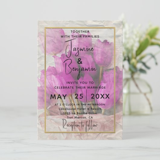 Wasserfarbe Rosa Tulips Bouquet Wedding Einladung (Stehend Vorderseite)