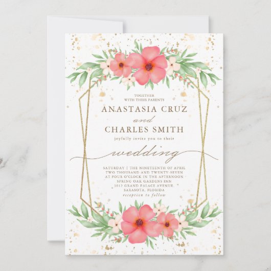 Wasserfarbe Rosa und Elfenbeingrün Blumenzehen Einladung (Vorderseite)