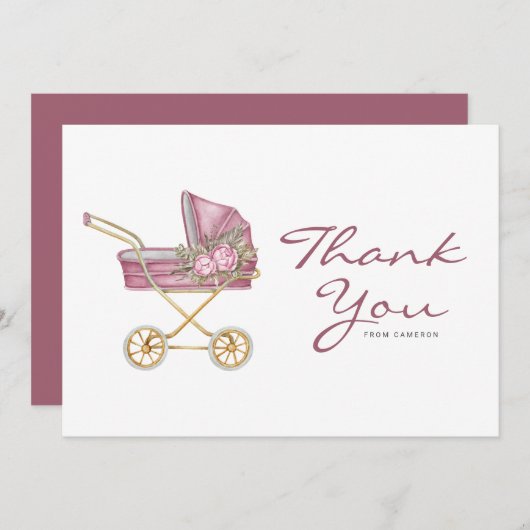 Wasserfarbe Rosa Vintag Stroller Kinderdusche Dankeskarte (Vorne/Hinten)