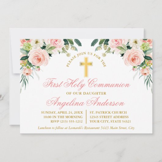 Wasserfarbe Rosa Weiße Blüte Erste Kommune Gold Einladung (Vorderseite)