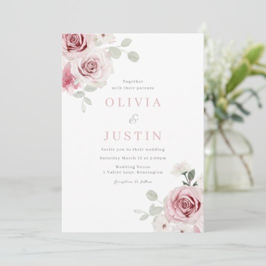 Wasserfarbe Rose Bouquet Einladung Hochzeitsfeiern (Stehend Vorderseite)