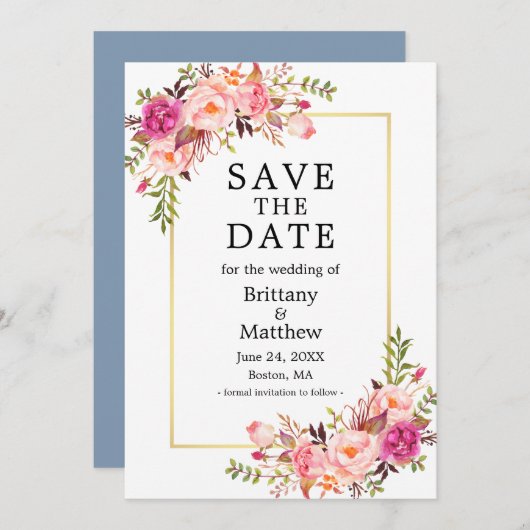 Wasserfarbe Rosen Dusty Blau Save the Date (Vorne/Hinten)