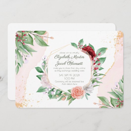 Wasserfarbe Rosen & Grüne Virtual Wedding Einladung (Vorne/Hinten)