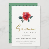 WASSERFARBE ROT GRÜNE ROSE FLORAL SAVE THE DATE EINLADUNG (Vorne/Hinten)
