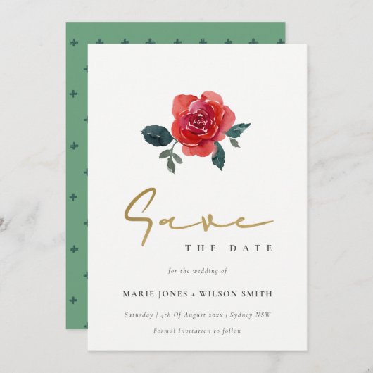 WASSERFARBE ROT GRÜNE ROSE FLORAL SAVE THE DATE EINLADUNG (Vorne/Hinten)