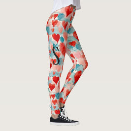 Wasserfarbe, rot, rosa, blaue Herzen, monogramm Leggings