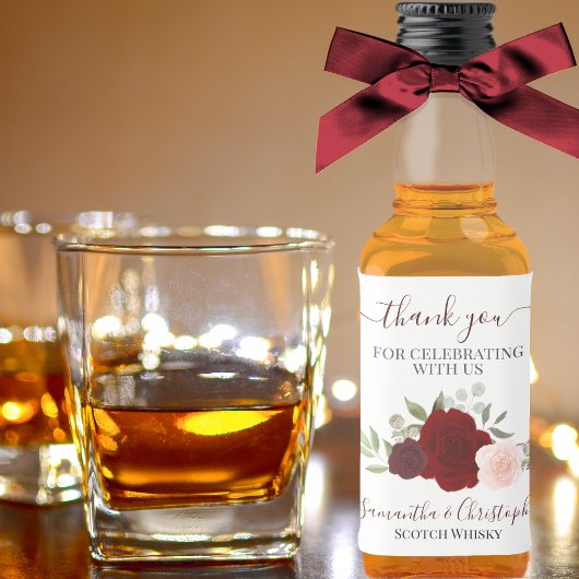 Wasserfarbe Rot & Rosen Hochzeit Danke Mini Alkoholflaschenetikett