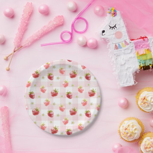 Wasserfarbe Rote Erdbeere Rosa Kariert Pappteller (Party)