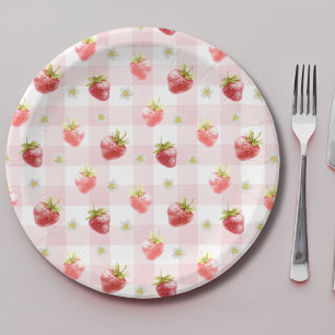 Wasserfarbe Rote Erdbeere Rosa Kariert Pappteller