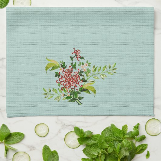 Wasserfarbe Rote Gerbera Daisy w/ Grüne Geschirrtuch (Gefaltet)