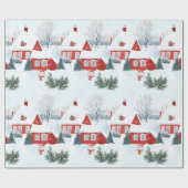 Wasserfarbe Rote nordische Häuser Schneemann Weihn Geschenkpapier (Flach)