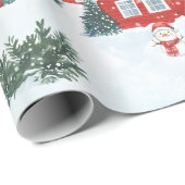 Wasserfarbe Rote nordische Häuser Schneemann Weihn Geschenkpapier (Rolleneckpunkt)