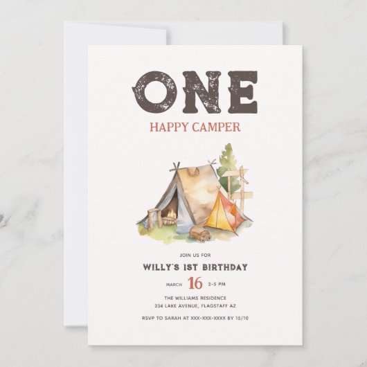 Wasserfarbe Rustikal Ein glücklicher Camper 1. Geb Einladung (Vorderseite)