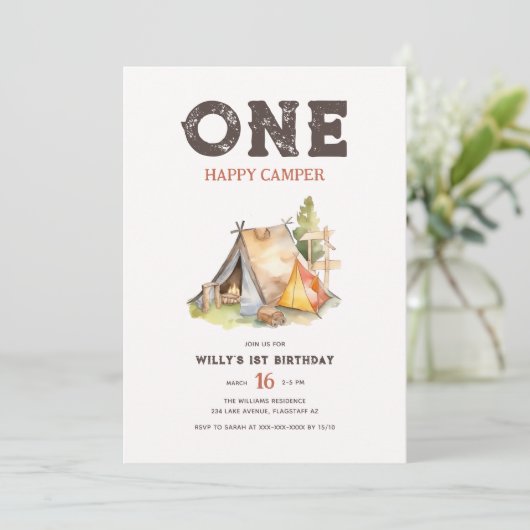 Wasserfarbe Rustikal Ein glücklicher Camper 1. Geb Einladung (Stehend Vorderseite)