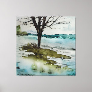 Wasserfarbe Rustikale Bäume und Wasserlandschaft Leinwanddruck