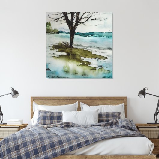 Wasserfarbe Rustikale Bäume und Wasserlandschaft Leinwanddruck (Insitu (Schlafzimmer))