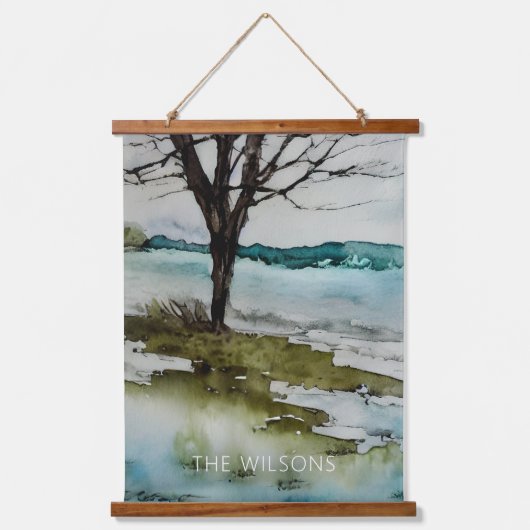 Wasserfarbe Rustikale Bäume und Wasserlandschaft Wandteppich Mit Holzrahmen (Vorderseite)