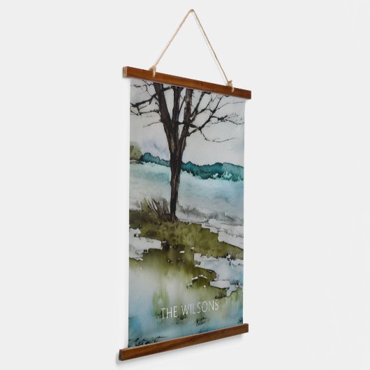 Wasserfarbe Rustikale Bäume und Wasserlandschaft Wandteppich Mit Holzrahmen (Gewinkelt)