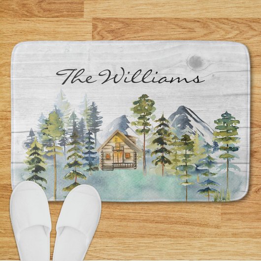 Wasserfarbe Rustikale Foggy Forest Mountain Kabine Badematte