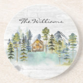 Wasserfarbe Rustikale Foggy Forest Mountain Kabine Getränkeuntersetzer (Vorne)