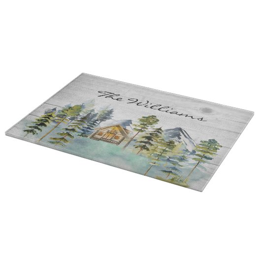 Wasserfarbe Rustikale Foggy Forest Mountain Kabine Schneidebrett (Ecke)