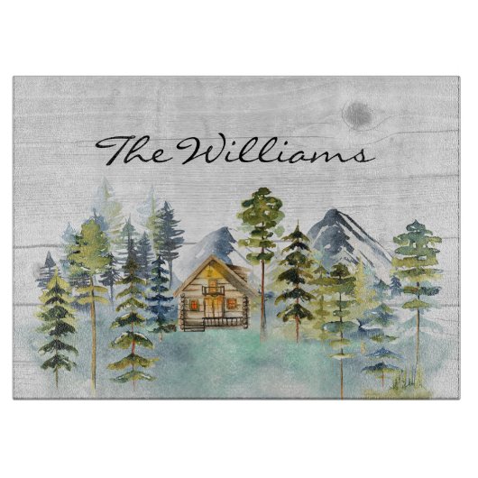 Wasserfarbe Rustikale Foggy Forest Mountain Kabine Schneidebrett (Vorderseite)