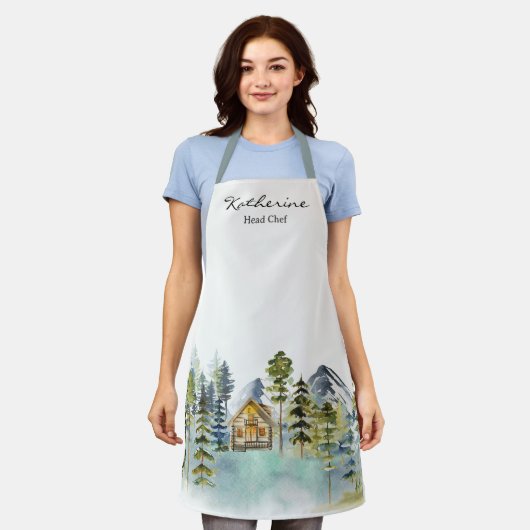 Wasserfarbe Rustikale Foggy Forest Mountain Kabine Schürze (Getragen)