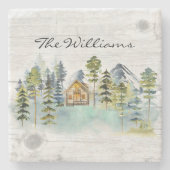 Wasserfarbe Rustikale Foggy Forest Mountain Kabine Steinuntersetzer (Vorderseite)