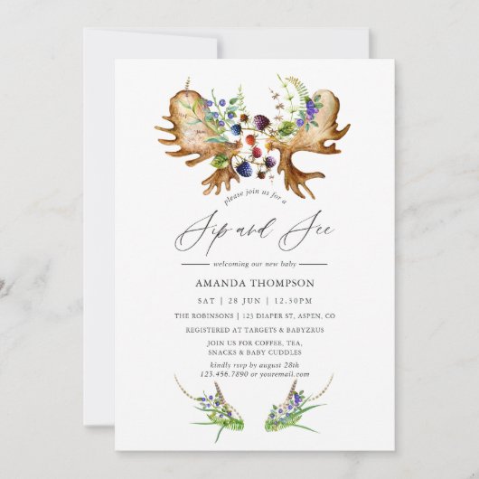 Wasserfarbe Rustikale Forest Sip and See Party Einladung (Vorderseite)