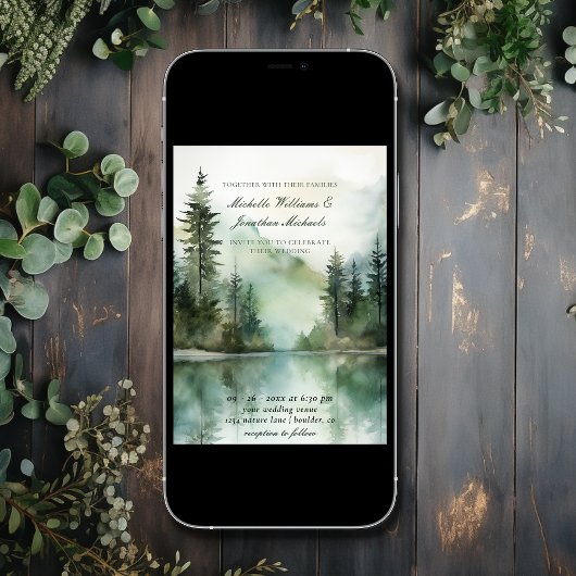 Wasserfarbe Rustikale Hochzeit im Bergsee Einladung