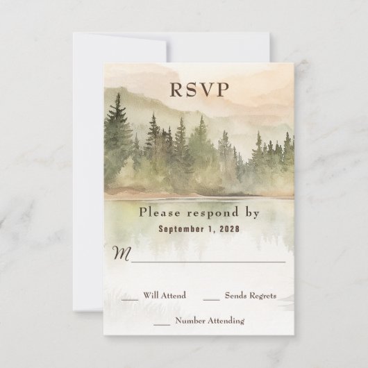 Wasserfarbe Rustikale Hochzeit im Bergsee RSVP Karte (Vorderseite)