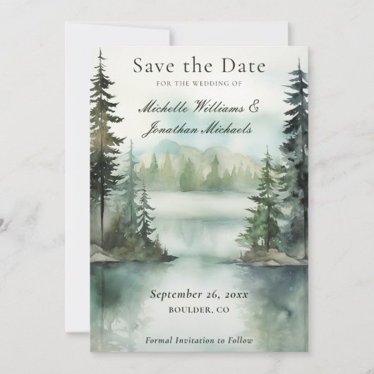 Wasserfarbe Rustikale Hochzeit im Bergsee Save The Date (Vorderseite)