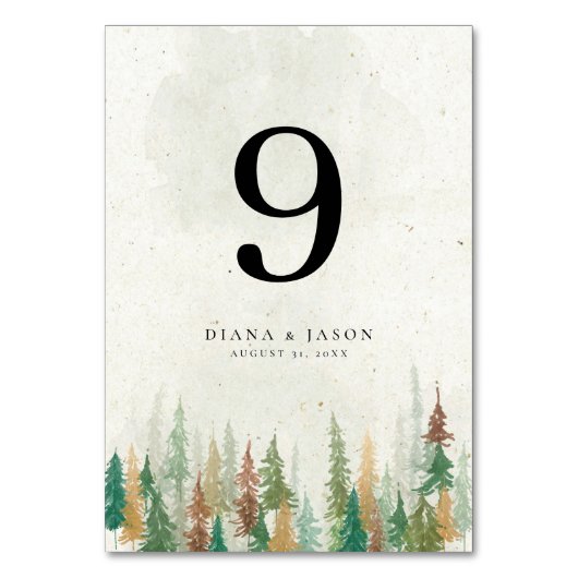 Wasserfarbe Rustikale Pinienwälder Tischnummer (Vorderseite)