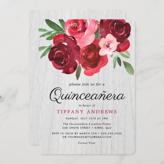 Wasserfarbe Rustikale Rote Rosen Quinceanera Einla Einladung (Vorne/Hinten)