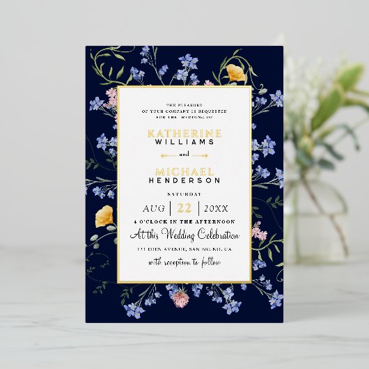 Wasserfarbe Rustikale Wildblumen Wiese Hochzeit Folieneinladung (Stehend vorne)