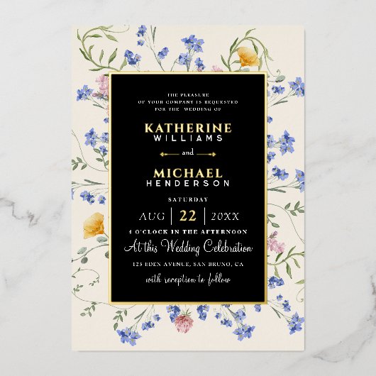 Wasserfarbe Rustikale Wildblumen Wiese Hochzeit Folieneinladung (Vorderseite)