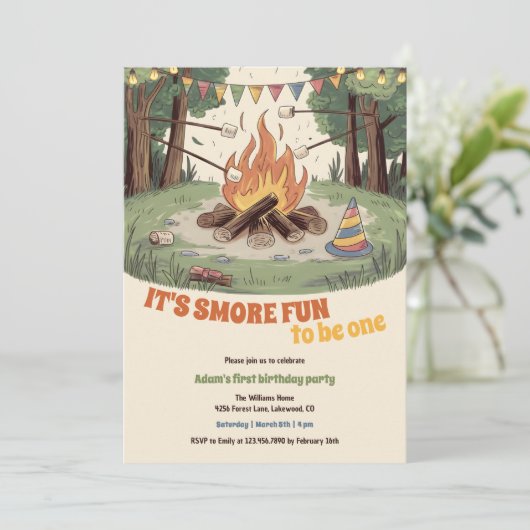 Wasserfarbe Rustikaler Bonfire Spaß Smores 1. Gebu Einladung (Stehend Vorderseite)