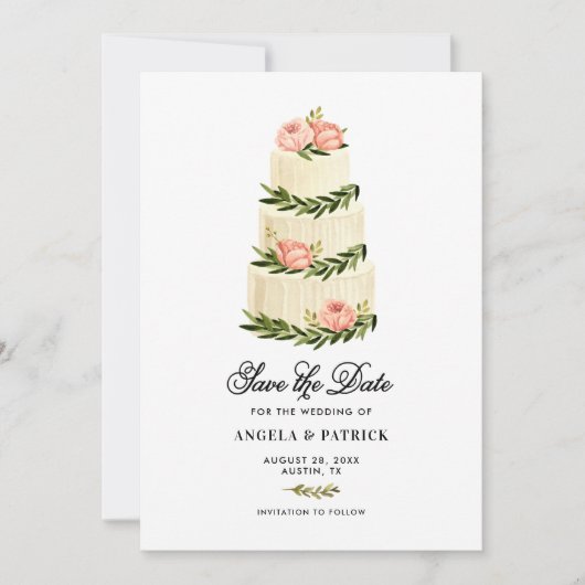 Wasserfarbe Rustikaler gestufter Kuchen Save The Date (Vorderseite)