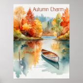 Wasserfarbe Rustikaler Herbstsee mit Rowboat & Bäu Poster (Vorne)